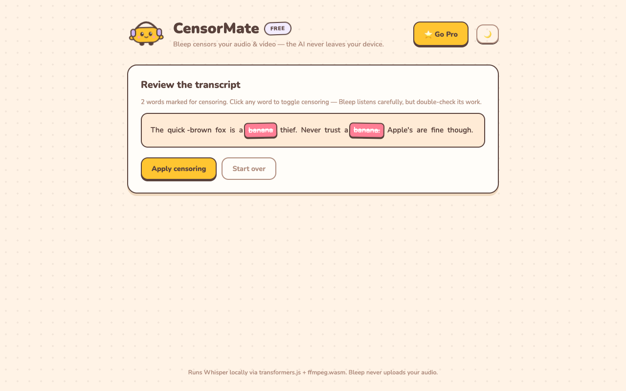 CensorMate transcript review with matched words highlighted
