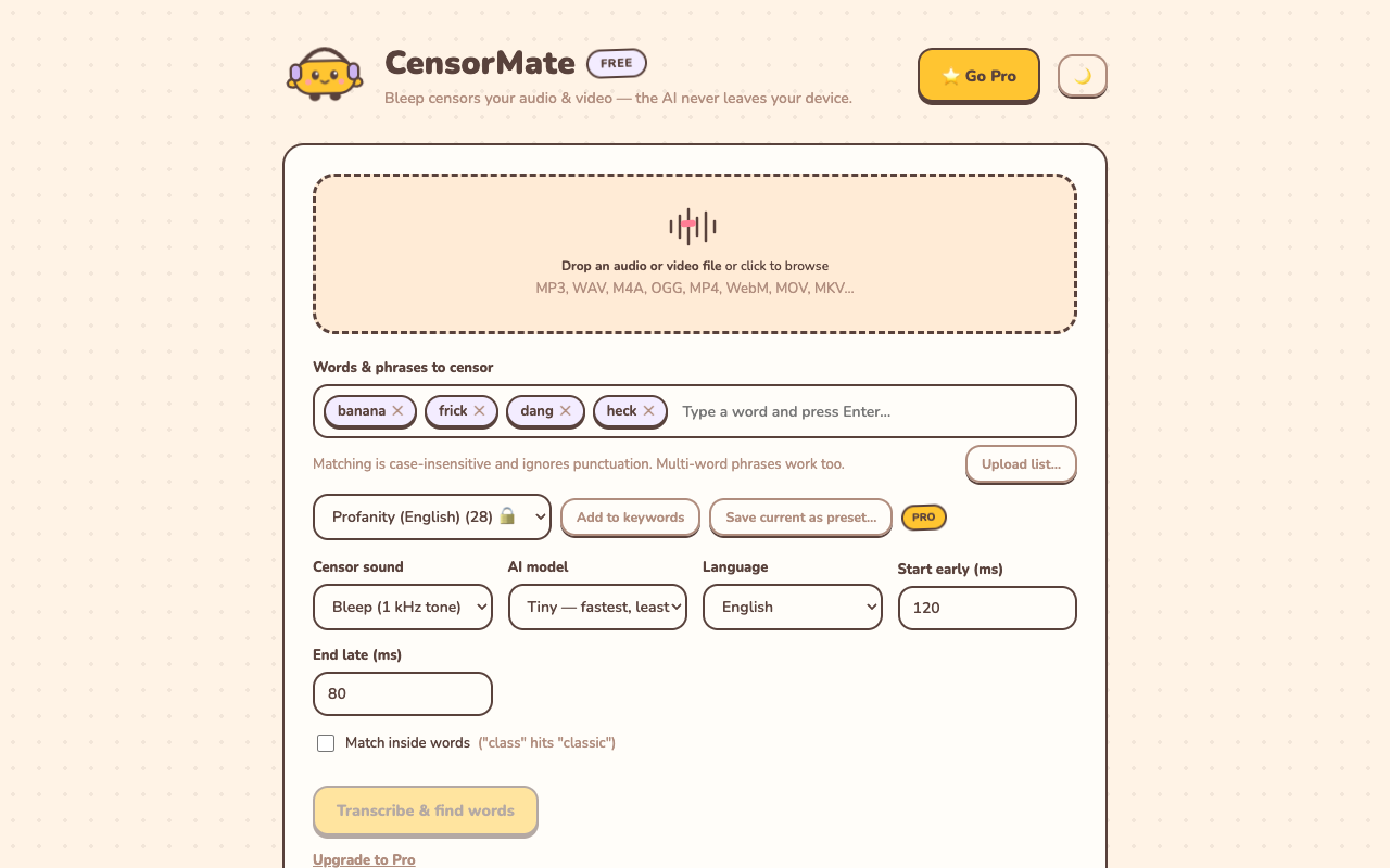 CensorMate setup screen — censor podcast episodes automatically